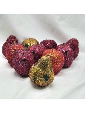 Vintage Beaded Decorative Apples & Pears Glitter Accent Set Of 10 Multicolor Fru